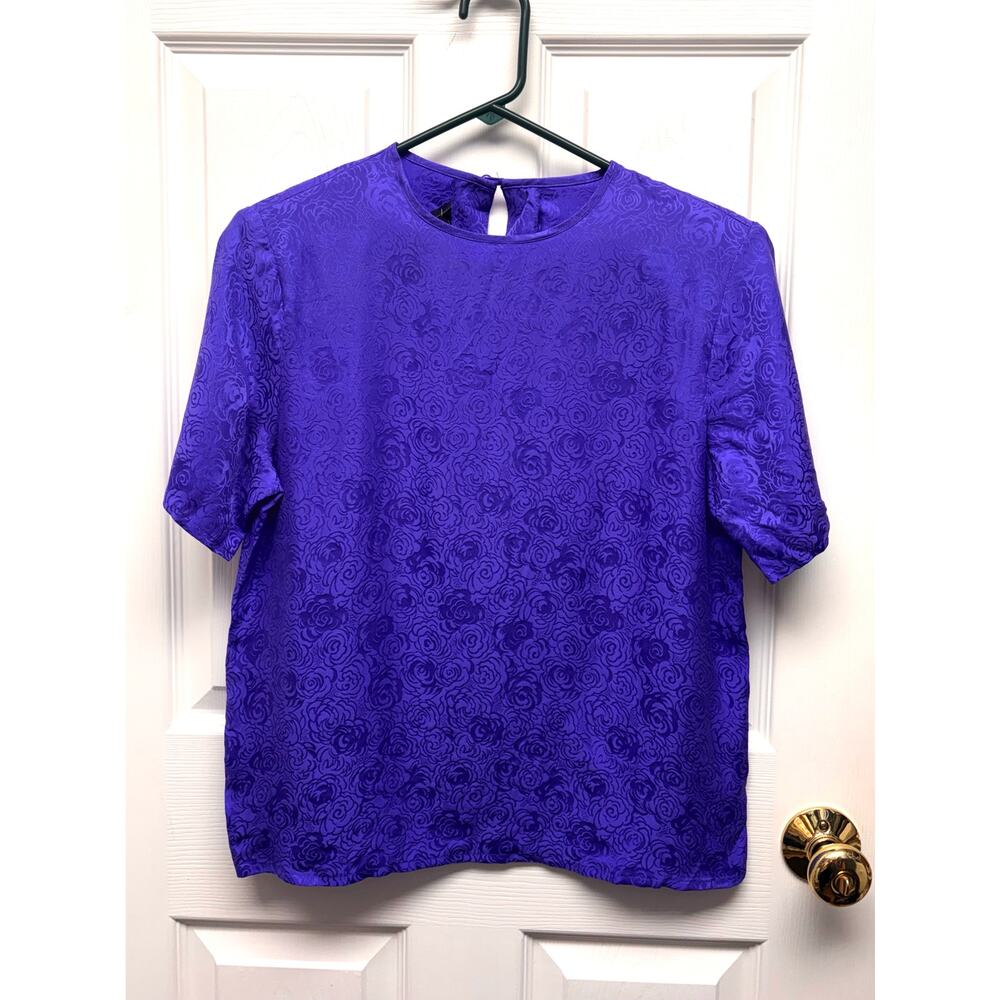 Laura & Jayne Blouse 100% Silk Purple Floral Jacquard Vintage Style Size S
